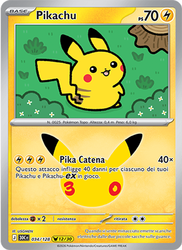 Pikachu 034 — 30° Anniversario (Italian Pokémon TCG card)