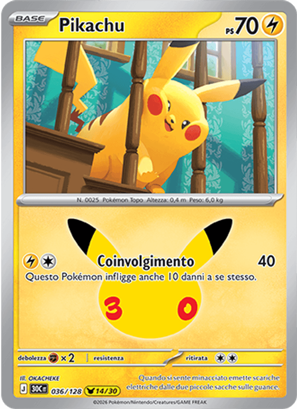 Pikachu 036 — 30° Anniversario (Italian Pokémon TCG card)