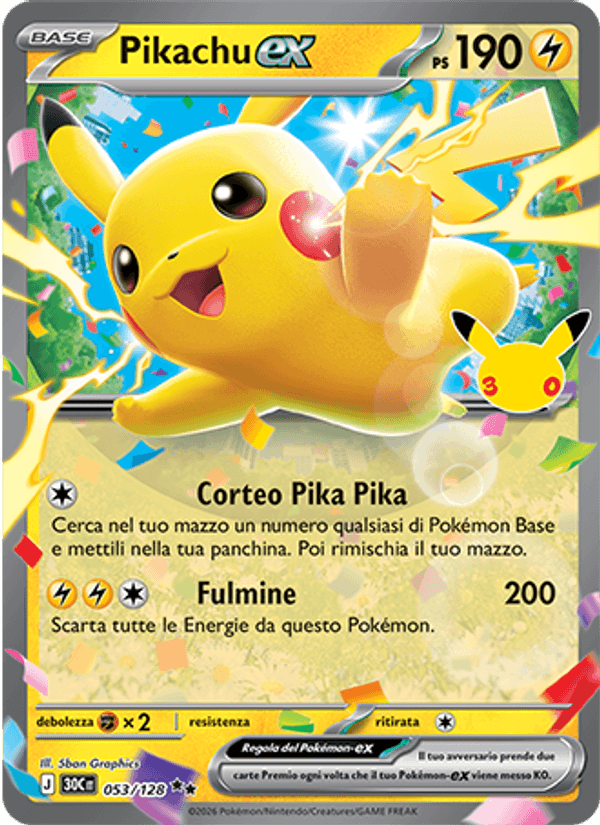 Pikachu-ex 053 — 30° Anniversario (Italian Pokémon TCG card)