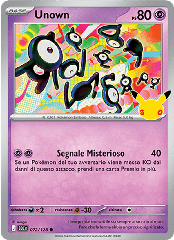 Unown 072 — 30° Anniversario (Italian Pokémon TCG card)