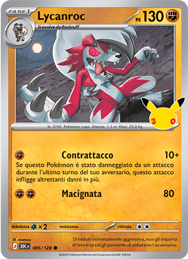 Lycanroc 085 — 30° Anniversario (Italian Pokémon TCG card)