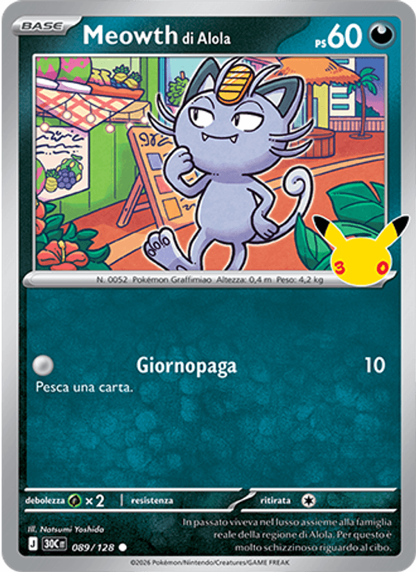 Meowth di Alola 089 — 30° Anniversario (Italian Pokémon TCG card)