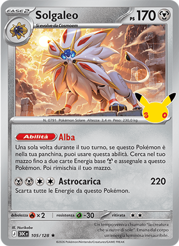 Solgaleo 105 — 30° Anniversario (Italian Pokémon TCG card)