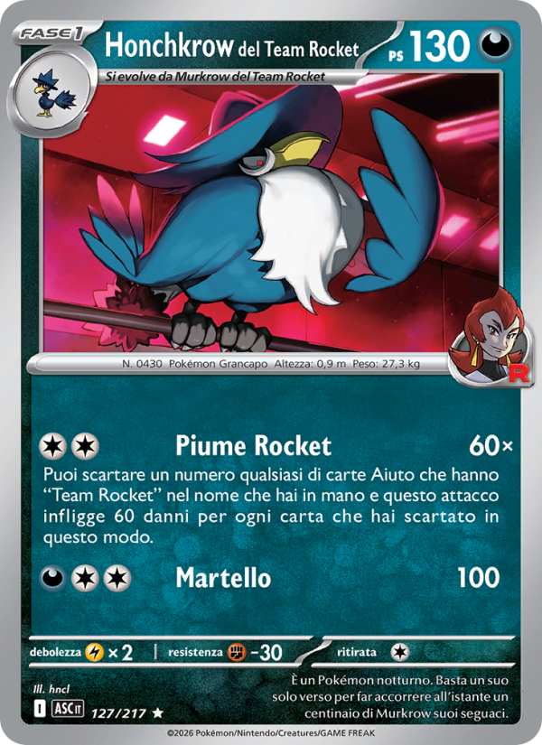 Honchkrow del Team Rocket 127/217 — Ascesa Eroica (Italian Pokémon TCG card)