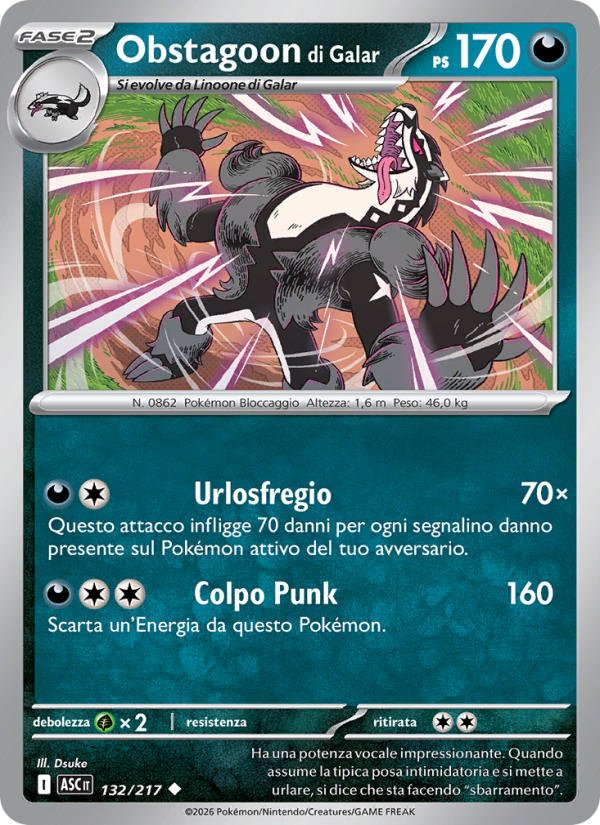Obstagoon di Galar 132/217 — Ascesa Eroica (Italian Pokémon TCG card)