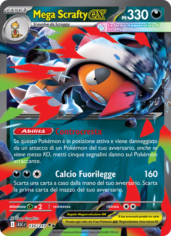 Mega Scrafty-ex 135/217 — Ascesa Eroica (Italian Pokémon TCG card)