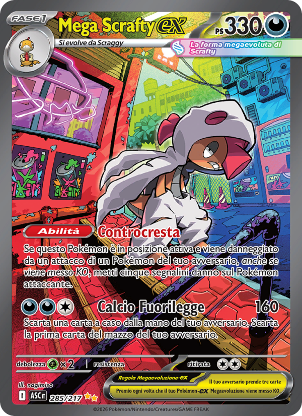 Mega Scrafty-ex 285/217 — Ascesa Eroica (Italian Pokémon TCG card)