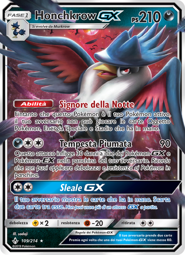 Honchkrow GX 109/234 — Unbroken Bonds (Italian Pokémon TCG card)