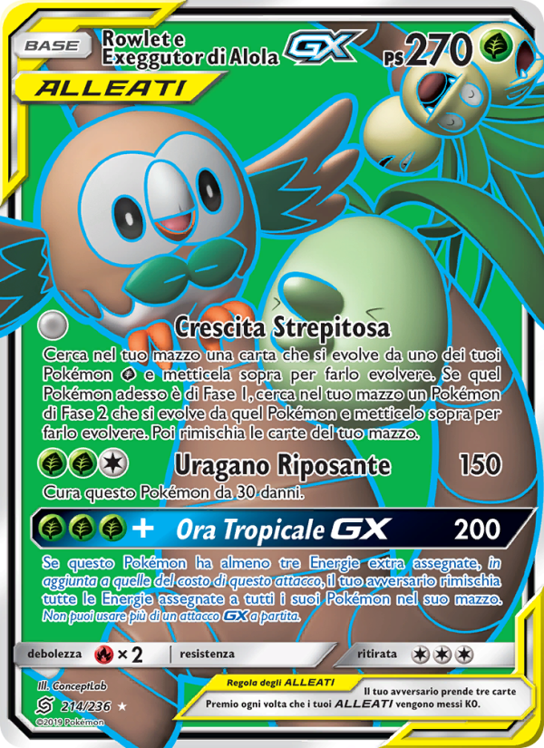 Rowlet e Exeggutor di Alola GX 214/258 — Unified Minds (Italian Pokémon TCG card)