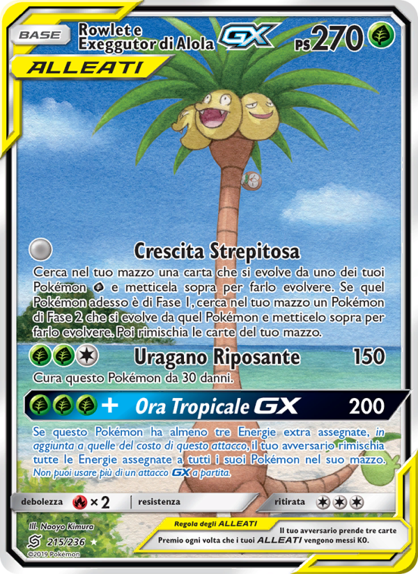 Rowlet e Exeggutor di Alola GX 215/258 — Unified Minds (Italian Pokémon TCG card)