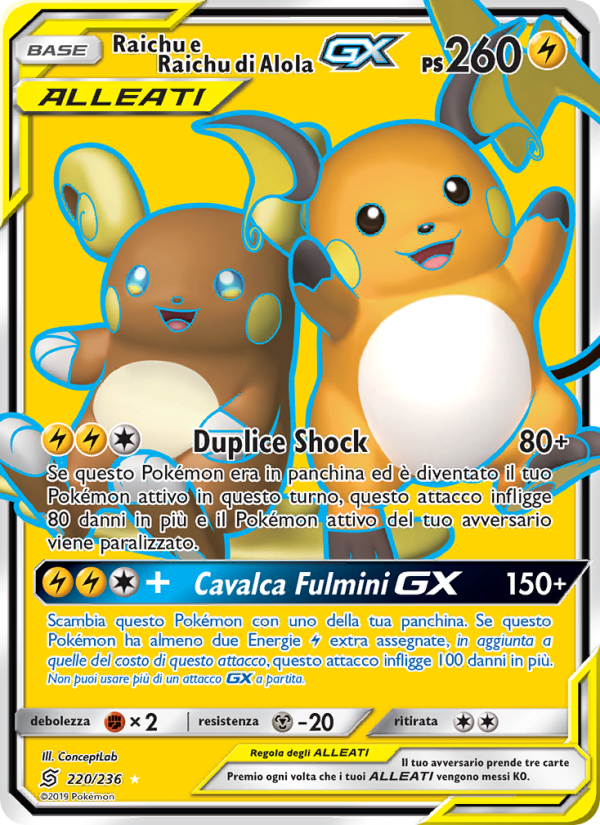 Raichu e Raichu di Alola GX 220/258 — Unified Minds (Italian Pokémon TCG card)