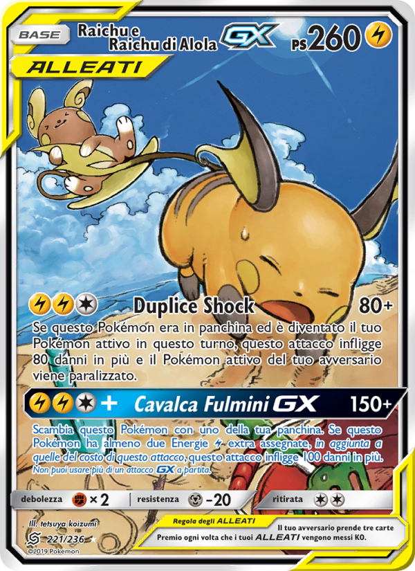 Raichu e Raichu di Alola GX 221/258 — Unified Minds (Italian Pokémon TCG card)