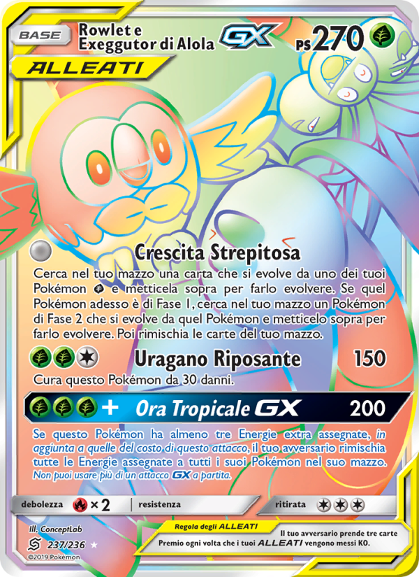 Rowlet e Exeggutor di Alola GX 237/258 — Unified Minds (Italian Pokémon TCG card)