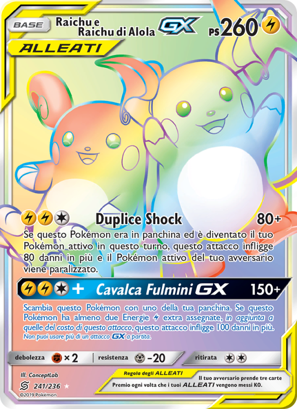 Raichu e Raichu di Alola GX 241/258 — Unified Minds (Italian Pokémon TCG card)