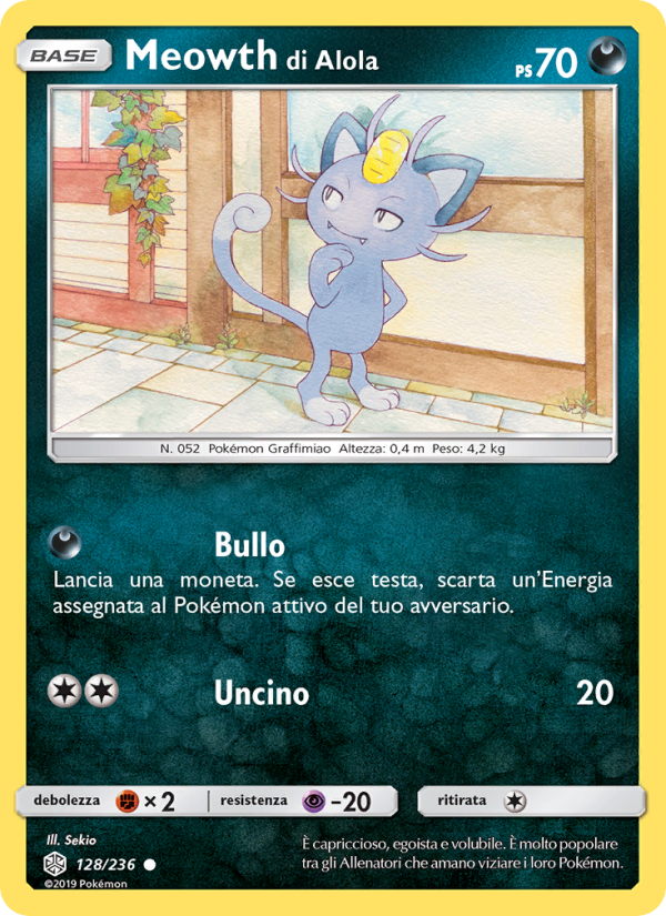Meowth di Alola 128/271 — Cosmic Eclipse (Italian Pokémon TCG card)