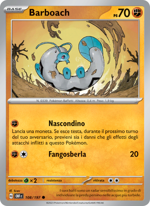 Barboach 108/230 — Obsidian Flames (Italian Pokémon TCG card)