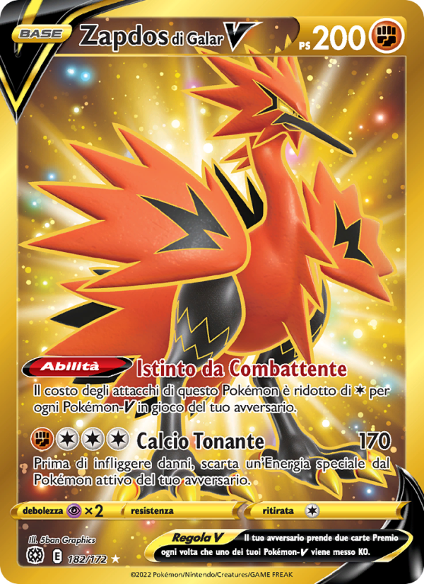 Zapdos di Galar V 182/216 — Brilliant Stars (Italian Pokémon TCG card)