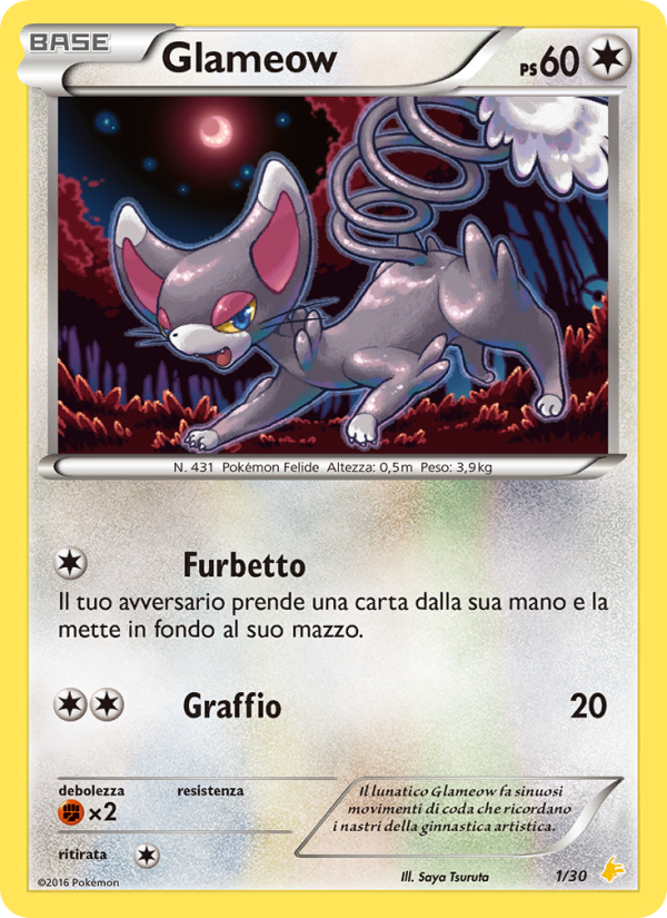 Glameow 001/30 — XY trainer Kit (Pikachu Libre) (Italian Pokémon TCG card)