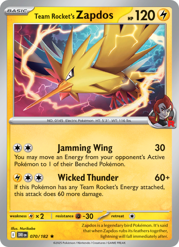 Team Rocket's Zapdos 070/182 — Destined Rivals (English Pokémon TCG card)